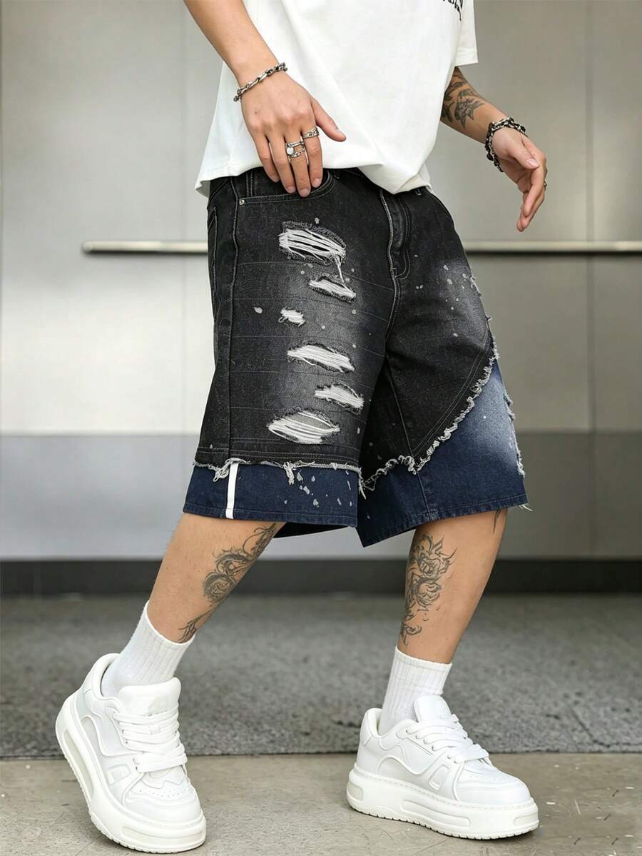 Manfinity EMRG 男士美式街头风撞色做旧阔腿牛仔短裤 - 黑色 - 查看 1