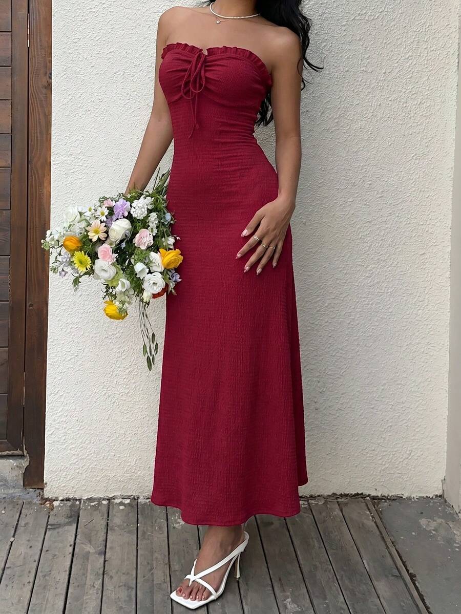 Sunnyshic Women's Casual Textured Front Drawstring Dress, Summer - Burgundy - View 1