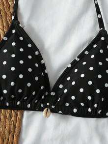 SHEIN Ensemble de tankini pour filles pré-adolescentes avec bretelles spaghetti, motif à pois noirs, décoration en nœud papillon. Tenue de plage décontractée pour les vacances - Noir - Voir 5