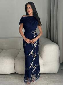 Modelyn 婚礼季、春夏休闲优雅通勤、日常约会、生日派对、办公室着装、简约小礼服、闺蜜聚会、小型宴会、派对、露肩褶皱网纱面料、刺绣花朵、拼接针织面料、杏色长裙、A字裙、女士长裙 - 藏蓝色 - 查看 6