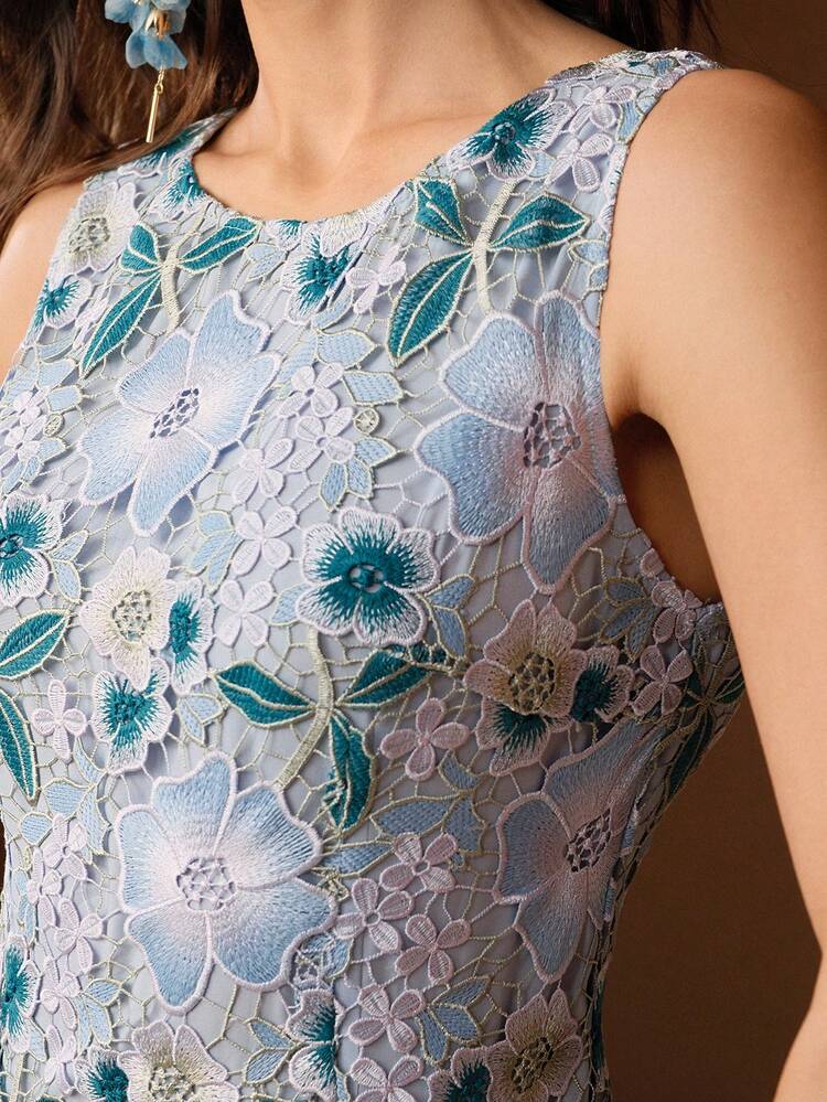 Light Blue,Summer,Elegant,Wedding Bridal, Al-Adha Lace Splice Mesh Pearl Sleeveless Flared Plus Size Women Dress,Water-Soluble Colorful Fashion