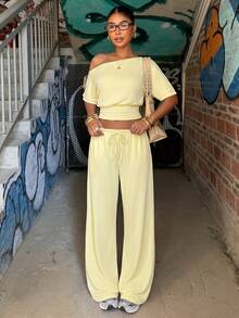 Muchica Women's Summer Pale Yellow 2 Pieces Set,Asymmetric Collar Short Sleeve Top & Knotted Long Pants Casual Loungewear,Travel Vacation Outfit Occasion Set - Pale Yellow - View 6