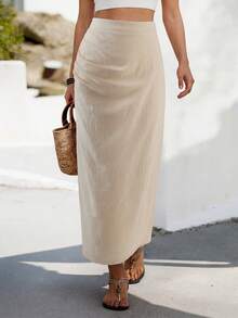 Women's Casual, Vacation, Daily, Commuting Minimalist Solid Color Pleated Bodycon Skirt, Suitable For Spring, Summer, Autumn - Apricot - View 4