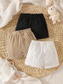 SHEIN 3pcs/Set Infant Toddler Casual Striped & Solid Color Soft Comfortable Shorts, Versatile Daily & Party Wear, 0-1 Year Old, Summer New Arrival - Black - View 2
