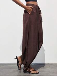SHEIN Maija Women's Solid Color Drawstring Waist Pockets Casual Loose Harem Pants, Summer Holiday , Spring , Valentine For Women, Beach Pants, Beach , Vacation, Summer Holiday , Vacation For Women, Casual Pants, Brown Pants, Loose And Comfortable Baggy Pants Loose Pants St Patrick's Day Women Easter Summer Easter Party Top Summer Holidays Each Vacations For Women Summer For Women Going Outs Graduation Casual - Coffee Brown - View 5