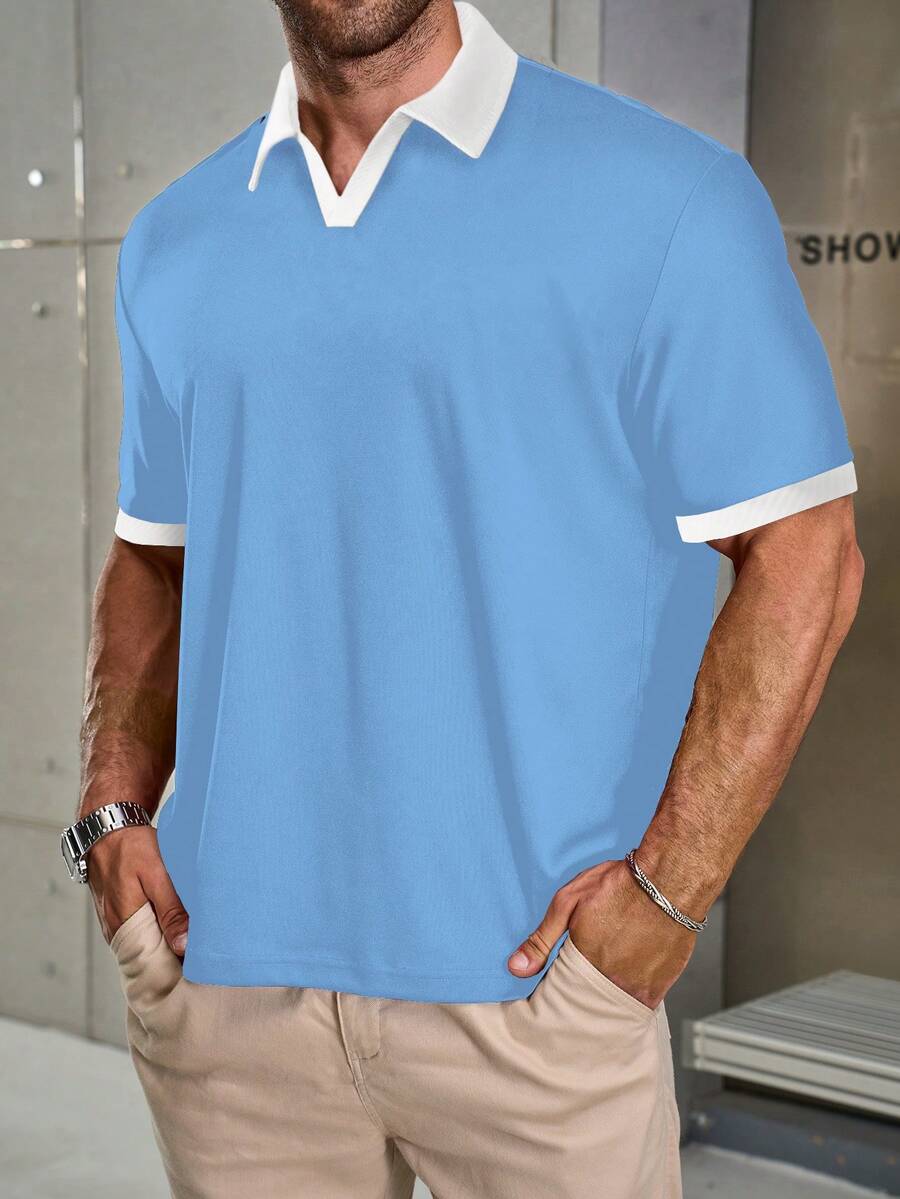 Manfinity Homme Plus Size Men's Contrast Color Casual Short Sleeve Polo Shirt, Summer - Baby Blue - View 1