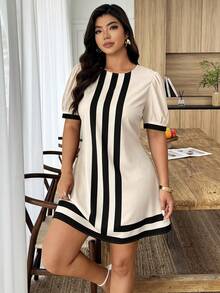 Weeklong Plus Size Women's Casual Vacation Round Neck Puff Sleeve A-Line Short Dress, Spring/Summer - Apricot - View 5