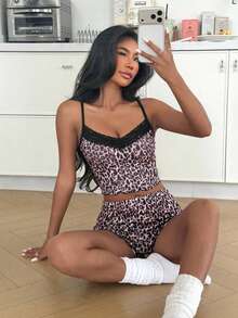 ZzzCrew Leopard Print Lace Patchwork Women Camisole & Shorts Pajama Set - Multicolor - View 6