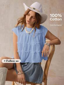 Freevana Plus Size Summer Minimalist Solid Color Textured Frill Trim Shirt - Blue - View 10
