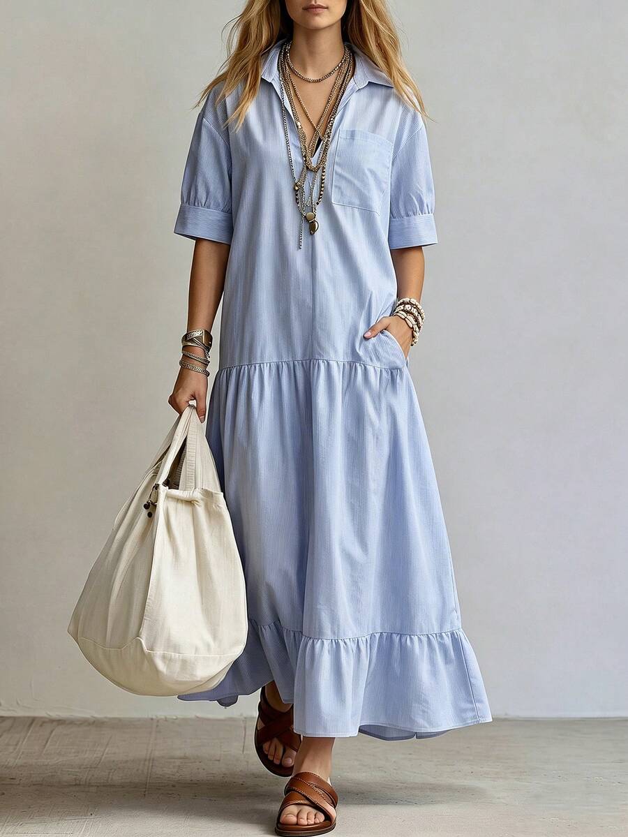 EMERY ROSE Đầm dài dáng rộng tay lửng cổ chữ V kẻ sọc xanh trắng thoải mái cho nữ, thích hợp cho kỳ nghỉ hè. - Xanh và trắng - Xem 1
