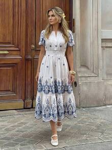 Hansera 女士夏季度假植物印花褶皱花瓣袖收腰层叠下摆连衣裙 - 藍白色 - 查看 5