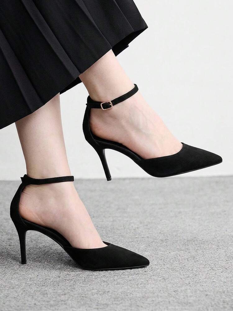 CUCCOO BIZCHIC Women Shoes Spring And Summer Women's High Heel Shoes Comfortable And Skinny Pointed Thin Heel Hollow 9cm Temperament Elegant Black Suede Solid Color Dating Versatile Buckle French Celebrity Style Daily Workplace Party Essential Shoes Women's