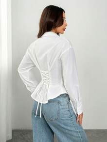 SHEIN PETITE Women's Elegant White Long Sleeve Shirt,Tie-Waist Cinched Striped Blouse,Casual Office Commuter Work Attire,Bohemian Vacation Summer Blouses ,Petite Women - White - View 2