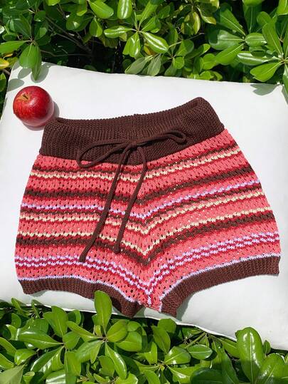 Comfortcana Colorful Striped Hollow-Out Beach Shorts, Knitted Mini Shorts For Women, Summer