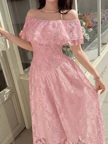 Feyla Women's Elegant Romantic Date Lace Tie Neck Layered Ruffle Waist Midi Dress, Summer - Dusty Pink - View 4