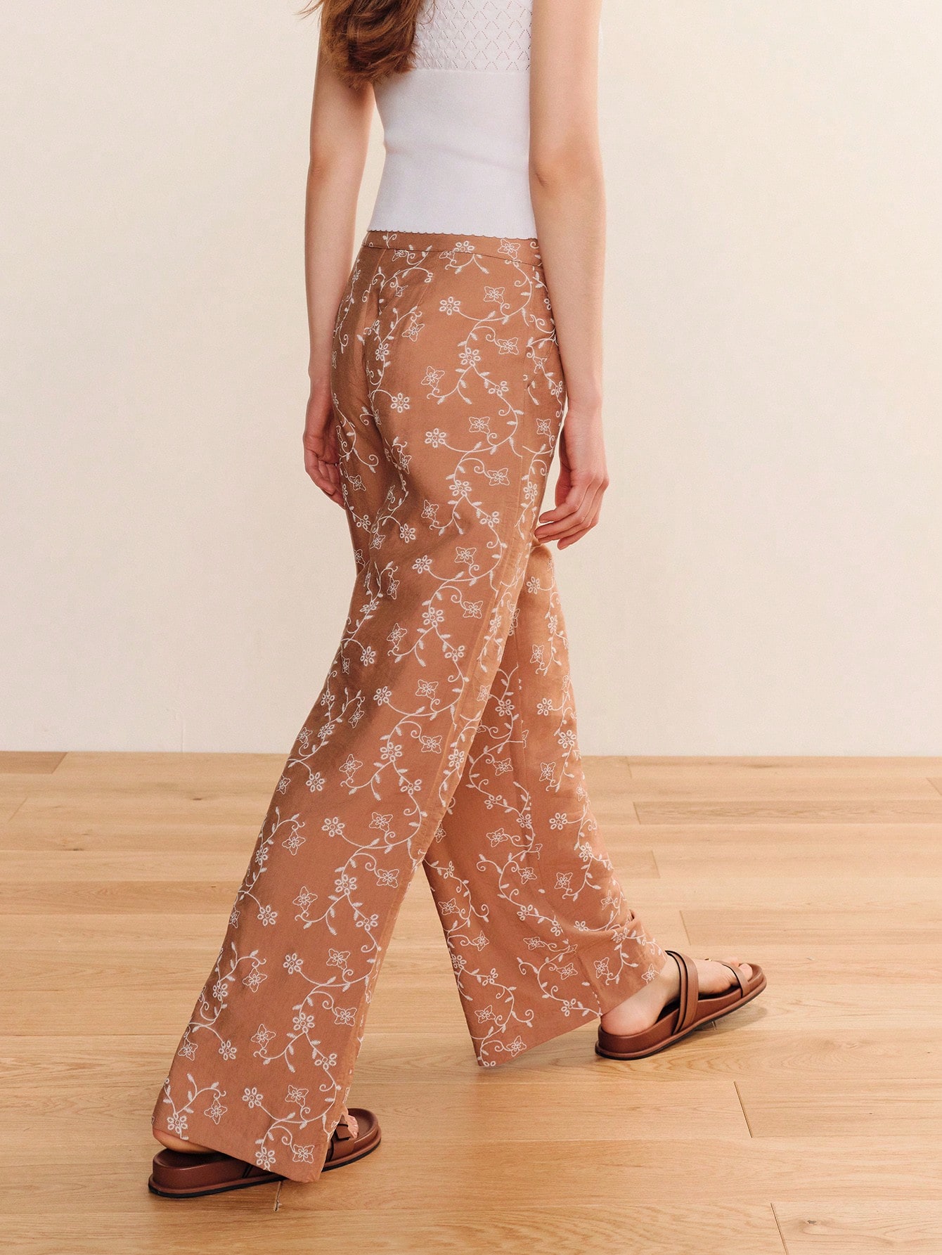 Brown Trouse With A White Floral Print Wide And Flowy Pants With A Tie Belt Cute French Style Vintage Pants Holiday Outfit Frech Style Casual Pants