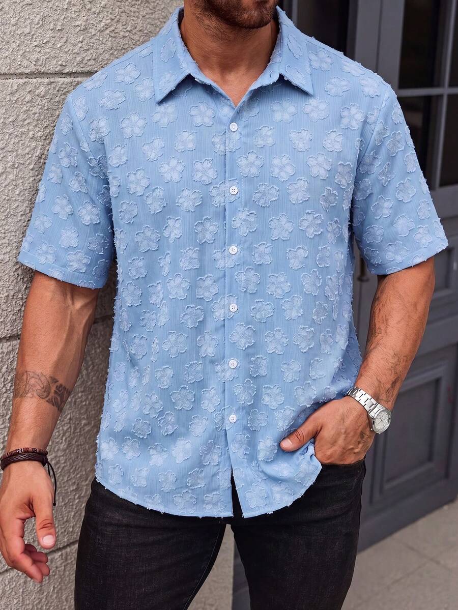 Manfinity Homme Plus Size Men's Cutout Short Sleeve Single-Breasted Casual Shirt - Blue - View 1
