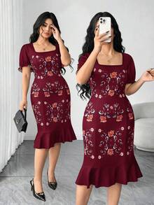 Elenzga Große Größen Kleid mit quadratischem Ausschnitt, französischer Stil mit Blume Muster und Rüschensaum - Bordeaux - Übersicht 7