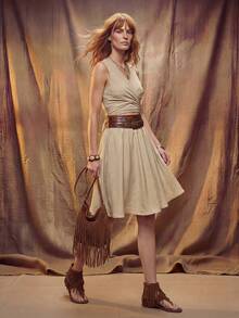 Fembélia Women's Solid Color Criss-Cross Cutout Waist Sleeveless Mini Dress - Khaki - View 5