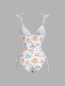 SHEIN MOD Women's White Floral Print One-Piece Swimsuit,Elegant Cute Summer Holiday Pool Party Beach,Twist Front,Kawaii Colored Flower Pattern,Bowknot - Apricot - View 6