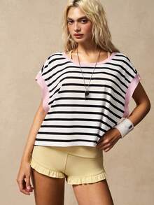 VARSIVA 女士撞色条纹印花露背短袖T恤，夏季 - 彩色 - 查看 4