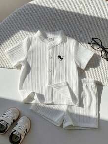 SHEIN Playful Pals Bộ 2 món cho bé sơ sinh và trẻ nhỏ, từ 6 tháng đến 3 tuổi, áo sơ mi ngắn tay in hình gấu sọc kaki + quần short cạp chun màu trơn, bộ quần áo mùa hè thường ngày. - trắng - Xem 6