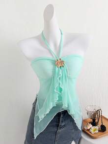 SHEIN Sparklyn Top camisole sans bretelles vert menthe élégant d'été pour adolescentes, top court sans manches à ourlet asymétrique à volants, chemisier transparent à col décoré de fleurs pour les vacances - Bleu azur - Voir 4