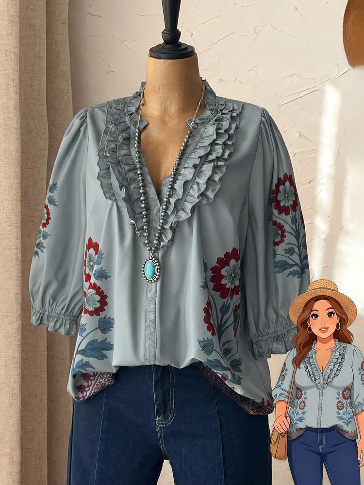 Plus Size Women Spring Casual Vacation Petal Sleeve Ruffle Trim Floral Print Green Blouse