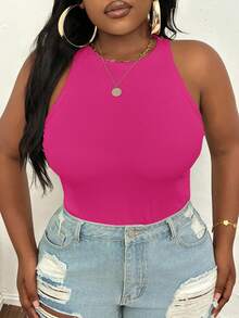 SHEIN PETITE CURVE 大码休闲基础款修身白色露肩背心 - 玫紅色 - 查看 7