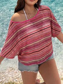 SHEIN EZwear Plus Size Bohemian Colorful Striped Irregular Off-Shoulder Short Sleeve T-Shirt, Fuchsia - Hot Pink - View 1