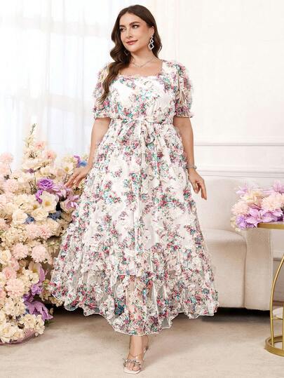Reflora Plus Size Floral Print Square Neck Twist Front Short Sleeve Dress Holiday Holiday Party Vacation White Summer Elegant