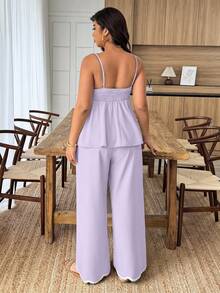 Weeklong Plus Size Women's 2 Pieces Wave Heart Ribbon Contrast Color Faux Linen Waist Casual Commuter Suit, Spring/Summer - Mauve Purple - View 2