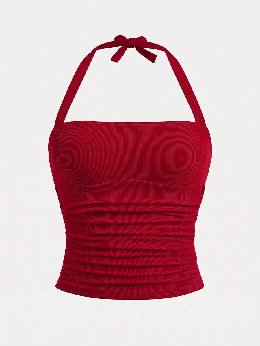 SHEIN Girlism Áo croptop ôm dáng, không dây, nhún bèo, chun, nơ, thích hợp cho bé gái tuổi teen mùa xuân và hè, phong cách đường phố, dễ phối đồ, thường ngày, đi nghỉ mát. - Đỏ - Xem 1