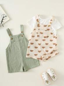 SHEIN Bộ 2 áo liền quần cho bé trai và bé gái, họa tiết dưa hấu và màu xanh lá cây, chất liệu crepe, thích hợp cho các hoạt động thường ngày mùa xuân/hè, du lịch, nghỉ mát. - Nhiều màu - Xem 10