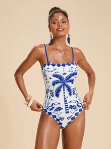 Travachic Women's Coconut Tree Print One-Piece Swimsuit, Suitable For Beach Vacation, Pool Party, Beach Party - Multicolor - View 5