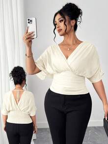 SHEIN Elenzya Plus Size Women's Solid Color Overlap V-Neck Batwing Short Sleeve Blouse - Apricot - View 1