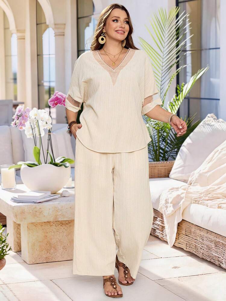 Plus Size Women Lace Patchwork V-Neck Top And Pants Casual Suit,Summer Outfit For Women ,Vacation Outfits Women ,Holiday Outfits For Women ,Summer Holiday Outfits,Going Out Outfits,Casual Sets For Women,Summer Holiday Outfits , Work Outfits For Women