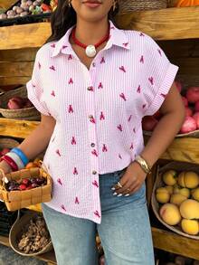 Breezaya Women's Loose Striped Lobster Print Casual Top, Suitable For Daily And Vacation Wear, Spring/Summer - Multicolor - View 5