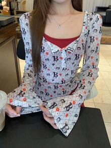 DAZY 2pcs Women Letter Print Button Design Long Sleeve Top And Spaghetti Strap Dress Set Night Out All White Burgundy Autumn Y2k Cute - Burgundy - View 2