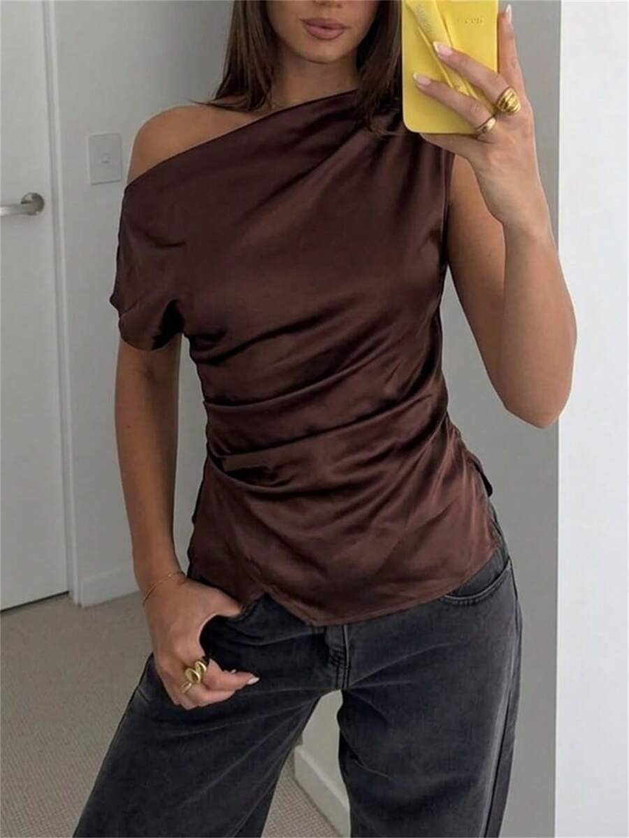Aloruh Boat Neck Cap Sleeve Cropped Office Wear Women's Apricot Blouse - Brown - View 1