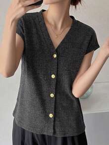 FRIFUL Camiseta de manga corta con cuello polo, ajustada, con decoración de botones metálicos, para verano - Negro - Ver 5
