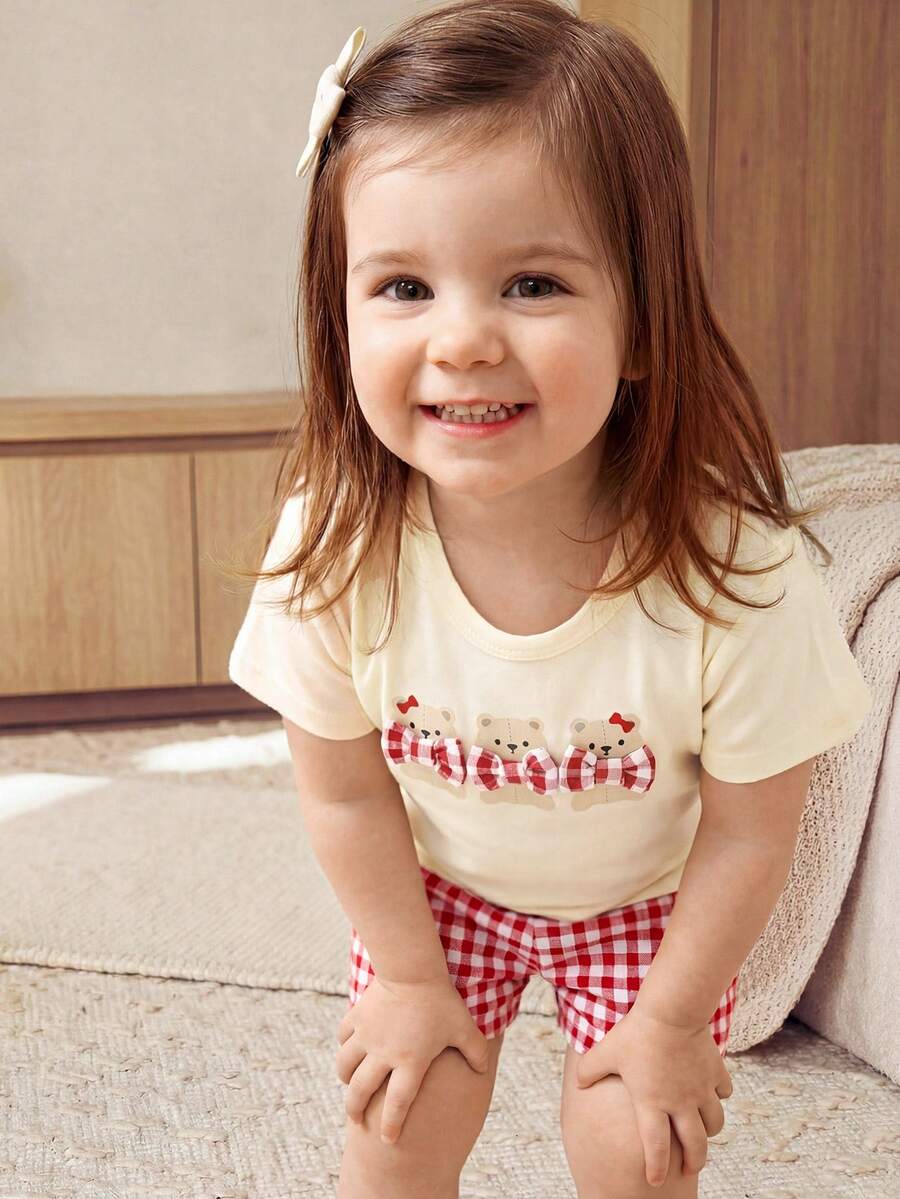 2pcs Baby Girl Cartoon Animal Print Soft Knit Crew Neck Short Sleeve Top And Elastic Waist Pants Set,Kids - Multicolor - View 1