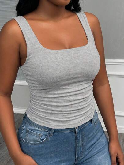 Slaydiva Áo tank top nữ cỡ lớn màu xám in họa tiết hoa tối giản, phong cách thường ngày, thích hợp cho mùa hè.