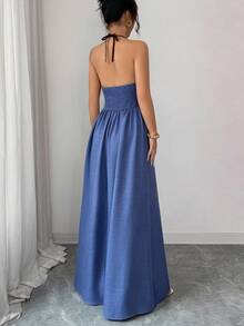 SHEIN Elenzya Women's Summer Casual Sexy Holiday Contrast Color Halter Loose Wide Leg Jumpsuit Beach Vacation Blue Striped - Blue - View 2