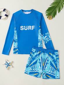 2pcs/Set Teen Boy Casual Printed Long Sleeve Rash Guard And Swim Trunks, Summer Vacation Swimwear - Multicolor - View 1