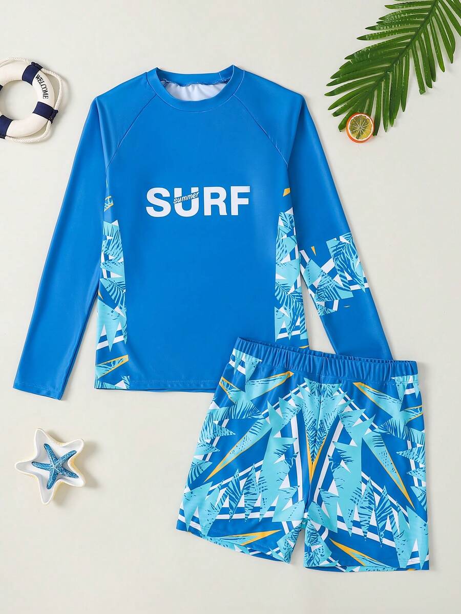 2pcs/Set Teen Boy Casual Printed Long Sleeve Rash Guard And Swim Trunks, Summer Vacation Swimwear - Multicolor - View 1