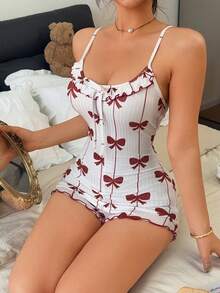 Napfluff Bộ đồ ngủ liền thân ôm sát in họa tiết nơ dành cho nữ. - Màu be - Xem 6