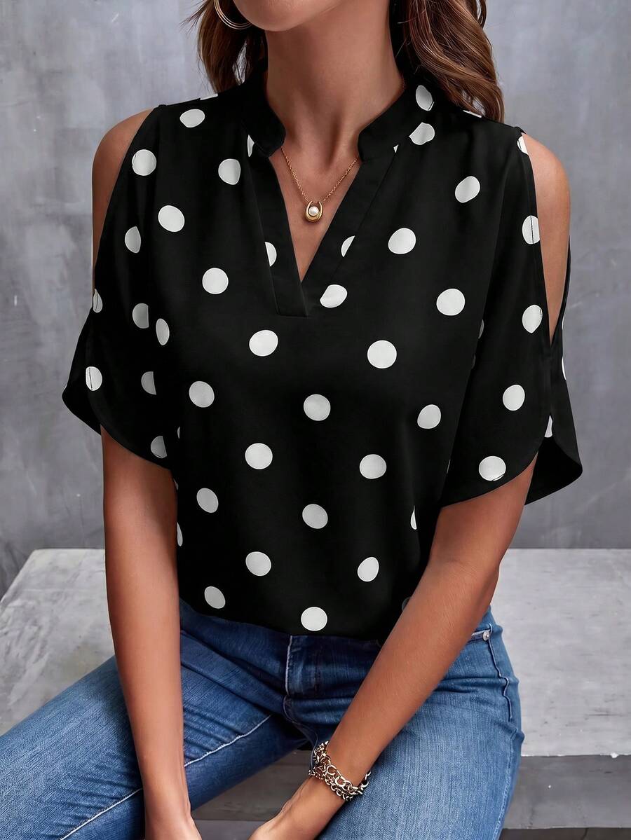 SHEIN Clasi Women's Fashionable Versatile Polka Dot Print Off-Shoulder Blouse,Summer Top - Black - View 1