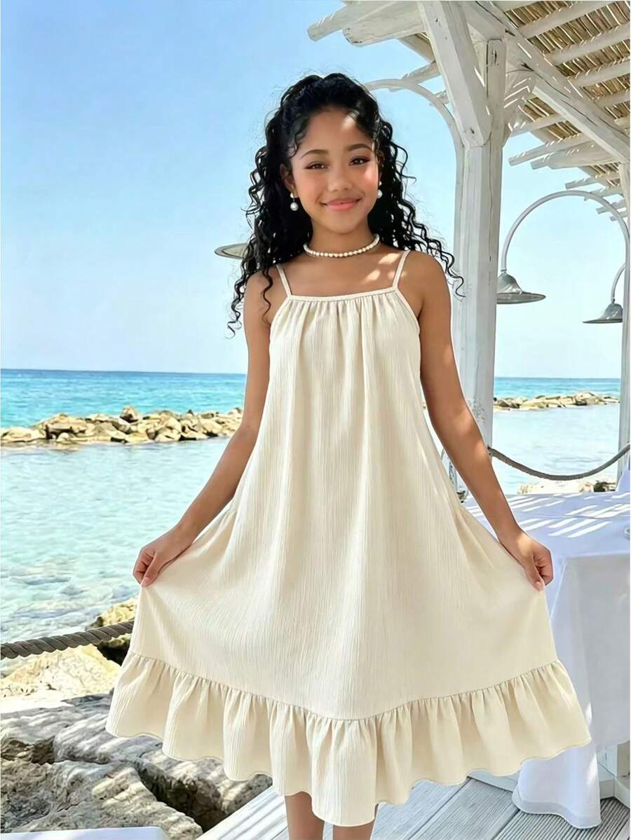 SHEIN Sparklyn Sleeveless Apricot Striped Slip Dress For Big Girls - Apricot - View 1