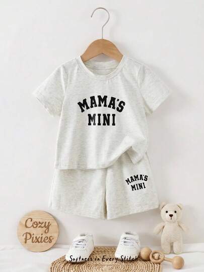 Cozy Pixies 2pcs/Set Unisex Baby Letter Graphic Round Neck Short Sleeve T-Shirt And Elastic Waist Shorts, Casual Outfit For Baby Boys And Girls, Spring/Summer
